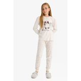 Defacto F1084a8bg745 Bej Kız Çocuk Pijama Takımı Köpek Baskılı Uzun Kollu Üst Desenli Uzun Alt