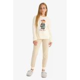 Defacto F1085a8er134 Ekru Kız Çocuk Pijama Takımı Baskılı Uzun Kollu Üst Çizgili Uzun Alt