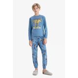 Defacto F1891a8be484 Mavi Erkek Çocuk Pijama Takımı Dinozor Baskılı Uzun Kollu Üst Uzun Alt