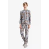Defacto F1892a8gr265 Gri Erkek Çocuk Pijama Takımı Desenli Uzun Kollu Üst Uzun Alt