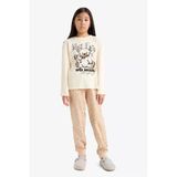 Defacto F6216a8er103 Ekru Kız Çocuk Pijama Takımı Baskılı Uzun Kollu Üst Desenli Uzun Alt