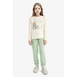 Defacto F6219a8er134 Ekru Kız Çocuk Pijama Takımı Baskılı Uzun Kollu Üst Desenli Uzun Alt