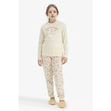 Defacto F6231a8er91 Ekru Kız Çocuk Pijama Takımı Baskılı Uzun Kollu Üst Desenli Uzun Alt