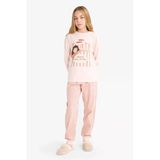 Defacto F6233a8pn70 Pembe Kız Çocuk Pijama Takımı Baskılı Uzun Kollu Üst Çizgili Uzun Alt
