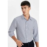 DeFacto Fit Polo Yaka Uzun Kollu Gömlek Beyaz Modern Fit Erkek Çizgili Krinkıl Kumaş D6003AX24AU - Beyaz-WT34