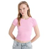 DeFacto Fitted Basic Fitilli Kaşkorse Kısa Kollu Tişört, L, E0287AX25SMPN614-218052, Pembe, Kadın