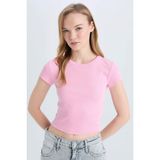 DeFacto Fitted Basic Fitilli Kaşkorse Tişört, XL, E0287AX25SMPN614-218052, Pembe, Kadın