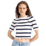 DeFacto Fitted Bisiklet Yaka Çizgili Kısa Kollu Triko Tişört, XL, C2042AX25SP, Ekru-ER105, Kadın