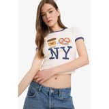 DeFacto Fitted Crop Bisiklet Yaka Baskılı Ribana Kısa Kollu Tişört, S, F2785AX25SM, Beyaz-WT32, Kadın