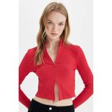 DeFacto Fıtted Dik Yaka Basıc Fermuarlı Fitilli Kaşkorse Crop Kırmızı Hırka D5124AX24AU