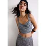 DeFacto Fıtted Gofre Dokulu Kalp Yaka Pötikareli Crop Siyah Bluz H8864AX26SM