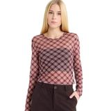 DeFacto Fitted Kareli Tül Uzun Kollu Tişört, S, G3024AX25WN, Pembe-PN38, Kadın