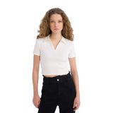 DeFacto Fitted Polo Yaka Basıc Fitilli Kaşkorse Beyaz Tişört, M, A0379AX25SM, Beyaz-WT32, Kadın
