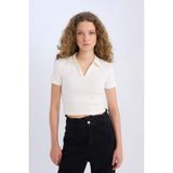 DeFacto Fitted Polo Yaka Basıc Fitilli Kaşkorse Beyaz Tişört, S, A0379AX25SM, Beyaz-WT32, Kadın