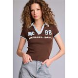 DeFacto Fitted Polo Yaka Baskılı Ribana Kısa Kollu Tişört, S, H5771AX26SM, Kahve, Kadın