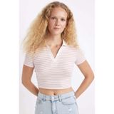 DeFacto Fitted Polo Yaka Fitilli Kaşkorse Kısa Kollu Tişört, M, A0380AX24SM, Pembe-PN614, Kadın