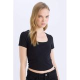 DeFacto Fitted U Yaka Basic Tişört, XS, C6102AX25SM, Siyah, Kadın