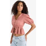 DeFacto Fitted V Yaka Bağlamalı Müslin Kısa Kollu Bluz F6246AX25SM - Rose - Dropsuz