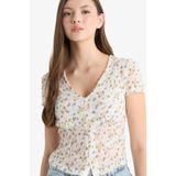 DeFacto Fitted V Yaka Çiçekli Dokulu Kısa Kollu Bluz, XS, F4625AX25SM, Sarı-YL514, Kadın