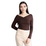 DeFacto G7805AX26SP BN267 Kahve Slim Fit Wrap Yaka Ribana Uzun Kollu Kadın Tişört