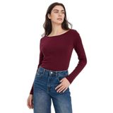 DeFacto G8088AX26SP BR467 Bordo Slim Fit Kayık Yaka Ribana Kadın Tişört