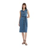 DeFacto Gömlek Yaka Kolsuz Kuşaklı Jean Midi Elbise, XS, B5432AX24SM, Mavi-NM28, Kadın