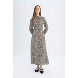 DeFacto Gömlek Yaka Leopar Desenli Basic Uzun Kollu Maxi Elbise D2611AX24AUBK81