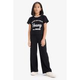 DeFacto ım Fitilli Kaşkorse Baskılı Kısa Kollu Tişört Wide Leg Geniş Bol Paça Pantolon Kız Çocuk E0415A825SM