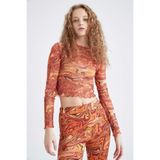 DeFacto Kadın Coool Skinny Fit Desenli Tül Uzun Kollu Crop Tişört, Turuncu, XS