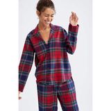 DeFacto Kadın Ekoseli Pamuklu Relax Fit Uzun Pijama Takımı V4015AZ21WN Yılbaşı Temalı Tasarım - Kırmızı