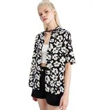 DeFacto Kadın Oversize Fit Floral Keten Karışımlı Kısa Kollu Gömlek, Siyah, S