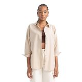 Defacto Kadın Oversize Fit Gömlek Yaka Poplin Uzun Kollu Tunik, Bej, XS