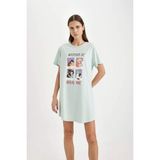 DeFacto Kadın Regular Fit Baskılı Bisiklet Yaka Kısa Kollu Gecelik Şık Tasarım - Fall in Love - Yeşil-GN1113 - XL