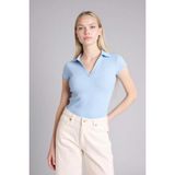 DeFacto Kadınlar Günü Slim Fit Kaçık Yaka Basic Düz Fitilli Kaşkorse Kısa Kollu Polo Tişört, XL, G8735AX26SP, Mavi-BE415, Kadın