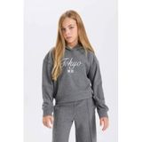 DeFacto Kapüşonlu Baskılı Selanik Kumaş Sweatshirt Kız Çocuk, 7-8 Yaş, D4294A824WN, Antrasit-AR198, kız-çocuk