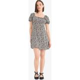 DeFacto Kare Yaka Çiçekli Viskon Kısa Kollu Mini Elbise E0873AX25SP - Siyah-BK27 - Dropsuz - 40