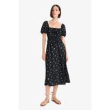 Defacto Kare Yaka Floral Bürümcük Kısa Kollu Midi Elbise F8554ax25aubk81 Siyah
