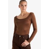 DeFacto Kare Yaka Uzun Kollu Çıtçıtlı Body, L, G1403AX25AU, Kahve-BN321, Kadın