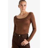 DeFacto Kare Yaka Uzun Kollu Çıtçıtlı Body, M, G1403AX25AU, Kahve-BN321, Kadın