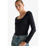 DeFacto Kare Yaka Uzun Kollu Çıtçıtlı Body, S, G1403AX25AU, Siyah-BK81, Kadın