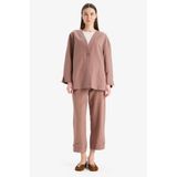 DeFacto Keten Karışımlı Basıc Kısa Paça Harem Pantolon, 36, B7506AX25SP, Kahve-BN552, Kadın