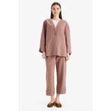DeFacto Keten Karışımlı Basıc Kısa Paça Harem Pantolon, 42, B7506AX25SP, Kahve-BN552, Kadın