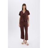 DeFacto Keten Kısa Kollu Pijama Takımı, L, TYCE8093722804B500, Kahve-BN166, kadın
