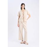 DeFacto Keten Kısa Kollu Pijama Takımı, M, TYCE8093722804B500, Bej-BG778, kadın