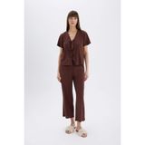 DeFacto Keten Kısa Kollu Pijama Takımı, M, TYCE8093722804B500, Kahve-BN166, kadın