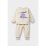 Defacto Kız Bebek 2'li Takım İçi Yumuşak Tüylü Baskılı Sweatshirt Eşofman Altı, 9-12 Ay (80cm), Ekru
