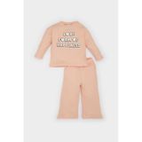 DeFacto Kız Bebek 2'li Takım Waffle Bisiklet Yaka Baskılı Sweatshirt Beli Lastikli Geniş Bol Paça Eşofman Altı E0202A525SPOG577 Turuncu
