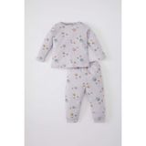 DeFacto Kız Bebek Yıldız Desenli Uzun Kollu Waffle Pijama Takımı Mor 9-12 Ay