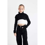 DeFacto Kız Çocuk Crop Balıkçı Yaka Kazak, 8-9 Yaş, C9556A824WN, Siyah-BK27, Kız Çocuklar