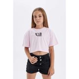 DeFacto Kız Çocuk Crop Bisiklet Yaka Baskılı Kısa Kollu Tişört D0872A824HS - 13 - 14 Yaş - Pembe-PN343